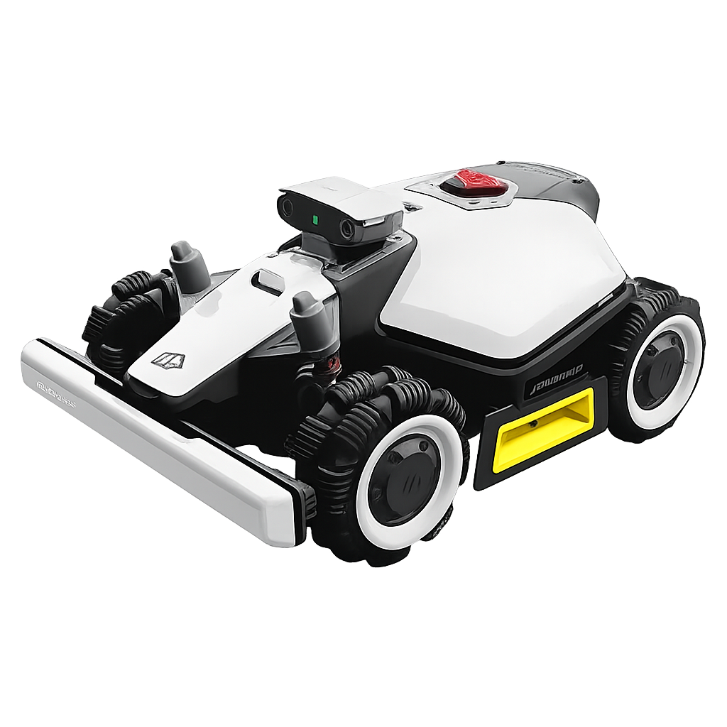 Mähroboter auf einer Rasenfläche vor einem modernen Haus